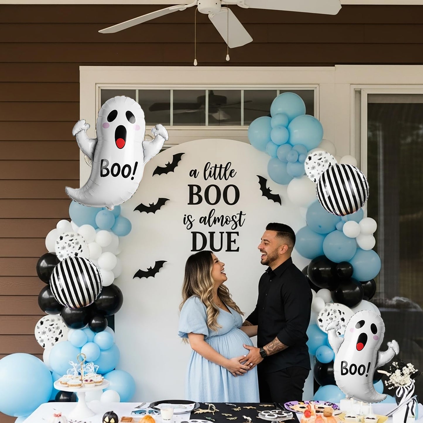 Spooky Halloween Balloon Garland Arch Kit | Black Blue White Balloons with 3D Bat Ghost Foil Balloons Perfect for boo Party Decorations