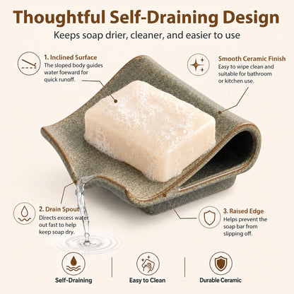 Zoeeker Self-Draining Soap Dish, Ceramic Bar Soap Holder Waterfall Design Soap Saver for Bathroom, Kitchen, Sink, Countertop, Keeps Dry, Variegated Brown Glaze