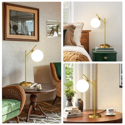 Fulesi Mid Century Modern Table Lamp, 1 Light Brass Glass Globe Bedside Lamp, Contemporary Metal Table Lamp with Milky White Glass shadefor Bedroom Living Room Study Room