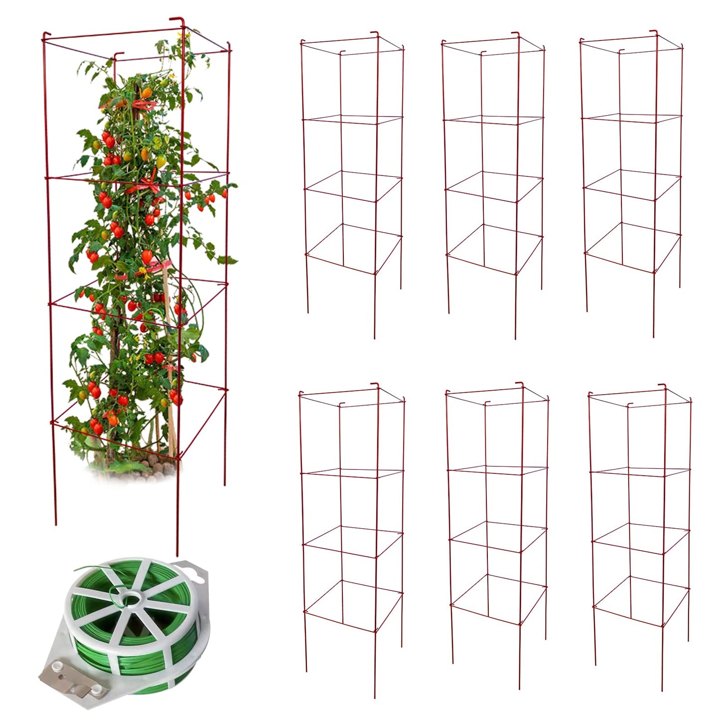 Thealyn Tomato Cages 6 Packs 46 Inch (H) Plant Stand with 164 Feet Twist Ties, Heavy Duty Garden Plants Support for Tomatoes, Cucumber, and Other Climbing Plants (Red)