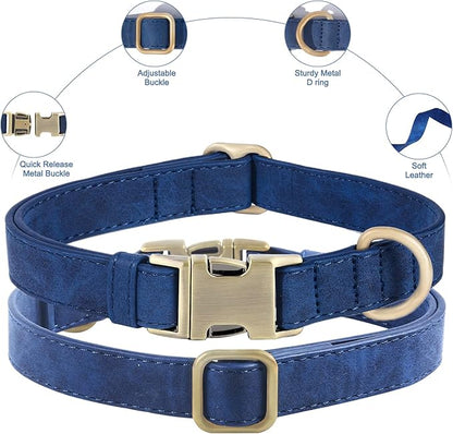 Genuine Leather Dog Collar - Adjustable Pet Collar with Quick Release Metal Buckle, Soft Skin Friendly Real Leather Collar for Small, Medium, Large Dogs (Blue, S：Fit 8-16" Neck)