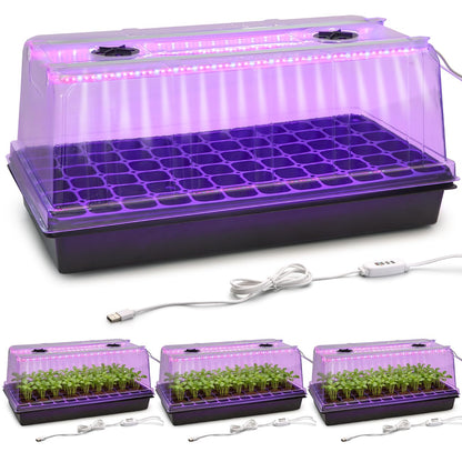 1020 Trays with Grow Light and 6.3" Humidity Dome - 4 Pack Heavy Duty Seed Trays with 72 Cell Plug Trays, Germination Kit with Timer and Dimmable LED - Reusable Plant Propagation Box for Gardening