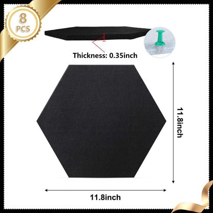 8 Packs White Hexagon Felt Pin Board, 12" Bulletin Board with 30 Push Pins, Felt Board for Home Kitchen Office Decor, Self-Adhesive Corkboard Tiles for Walls School Message Photos Memos