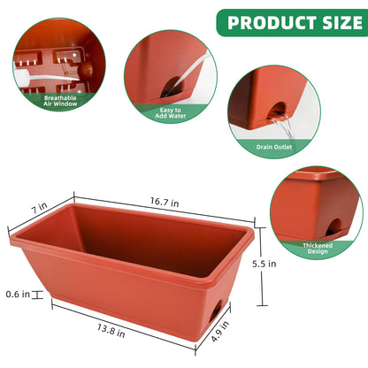 LOCONHA Window Box Planter, Plastic Vegetable Flower Planters Boxes 17 Inches Rectangular Flower Pots with Saucers for Indoor Outdoor Garden, Patio, Home Decor (12, Brick Red)