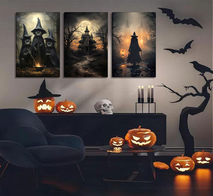 3pcs Halloween Canvas Wall Art Dark Academia Scary Witch Black Cat Castle Wall Decor Pictures Thriller Horror Gothic Posters Prints for Halloween Party House Decoration Prepare to hang