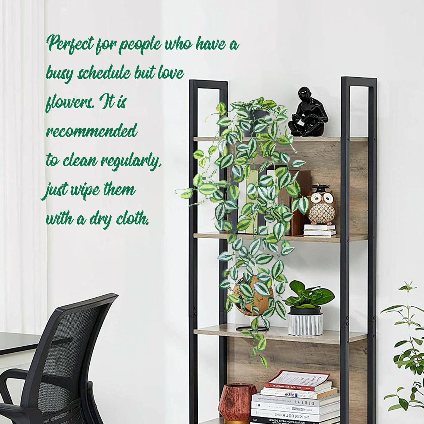 LOYWREE 2 Pack Fake Hanging Plants - Small Potted Plants with Green Eyebrow-Leaf Trailing Vines, Indoor Outdoor Aesthetic Decor for Office, Living Room Shelf & Home Accent (Black Pot)