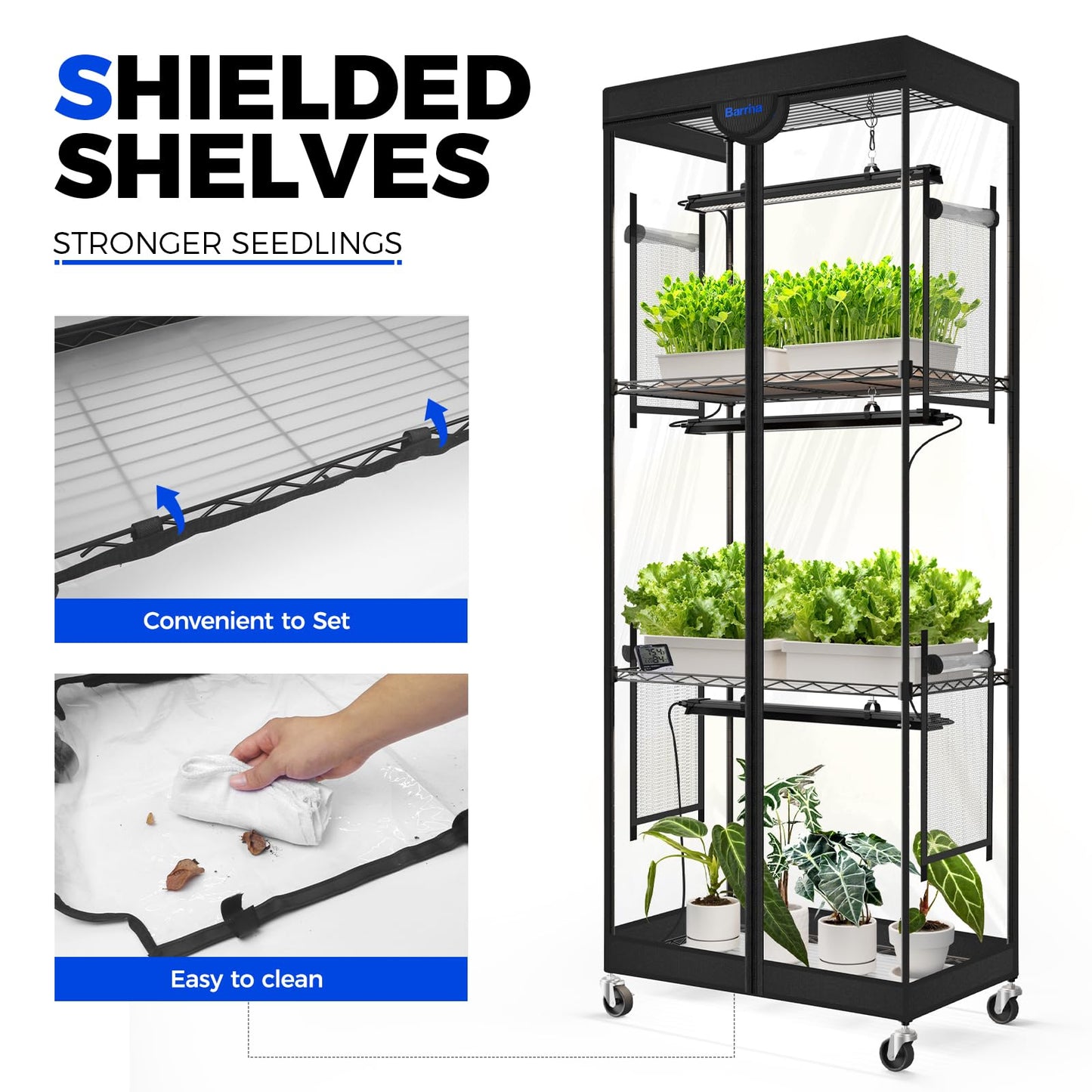Barrina LP600 Indoor Greenhouse with Grow Light, 75W TX-S25 1.6FT 5000K, 4-Tier Plant Stand with Full Spectrum Lights, Plant Shelf with Tent, Timer & Thermometer for Seed Trays,Growth,23.6x13.8x59.1IN