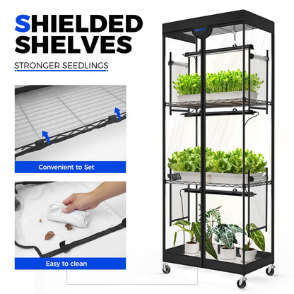 Barrina LP600 Indoor Greenhouse with Grow Light, 75W TX-S25 1.6FT 5000K, 4-Tier Plant Stand with Full Spectrum Lights, Plant Shelf with Tent, Timer & Thermometer for Seed Trays,Growth,23.6x13.8x59.1IN
