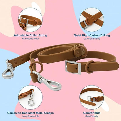 Dog Collar and Leash Set, Durable Waterproof Dog Leashes Collars, 5 Length Setting Adjustable Dog Collars for Large Medium Small Dogs (Brown, M)