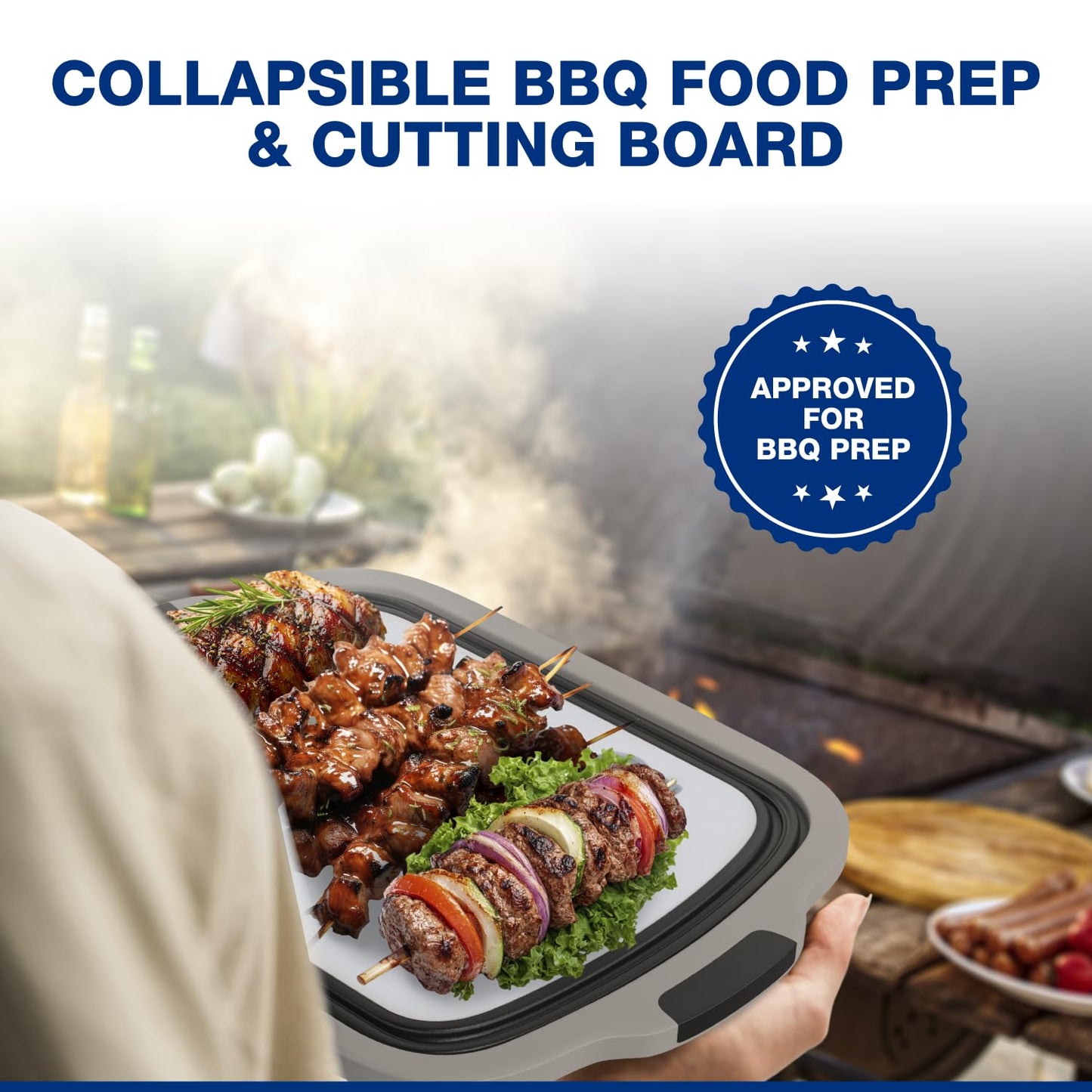 2-Pack XL Collapsible BBQ Prep Tub with Built-In Cutting Board, Lid & Strainer – Marinate, Drain & Prep – Large Food-Safe Container – Perfect for Grilling, Smoking & Outdoor Cooking