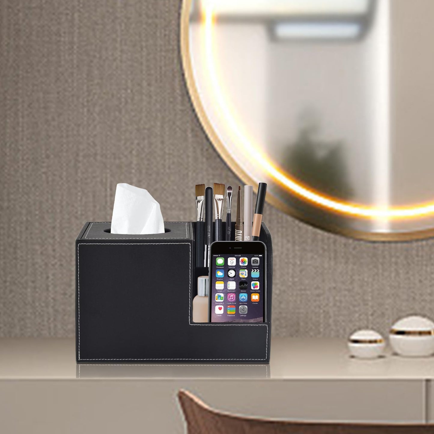 XNONE PU Leather Tissue Box Cover with Storage Square-Multifunctional Tissue Holder,Remote Control Holder,Decorative Tissues Boxes Organizer,Home Office Desktop Storage box,Black