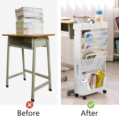 White Rolling Office Paper Organizer, Mobile Book Cart Document Folder File Storage with Pen Holder, Slim Rolling Storage Cart Movable Bookshelf for Office, Dorm, Classroom, Nursery