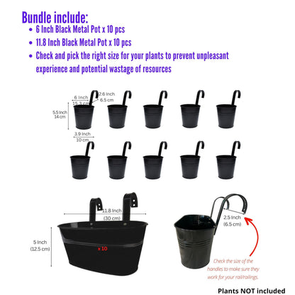 LaLaGreen Bundle- 10 Pack, 6 Inch + 10 Pack, 11.8 Inch Black Metal Pot Wall Mount Window Hanging Plant Box Bucket with Hook Farmhouse Style Outdoor Garden Railings Balcony Deck Porch Patio Boho Decor