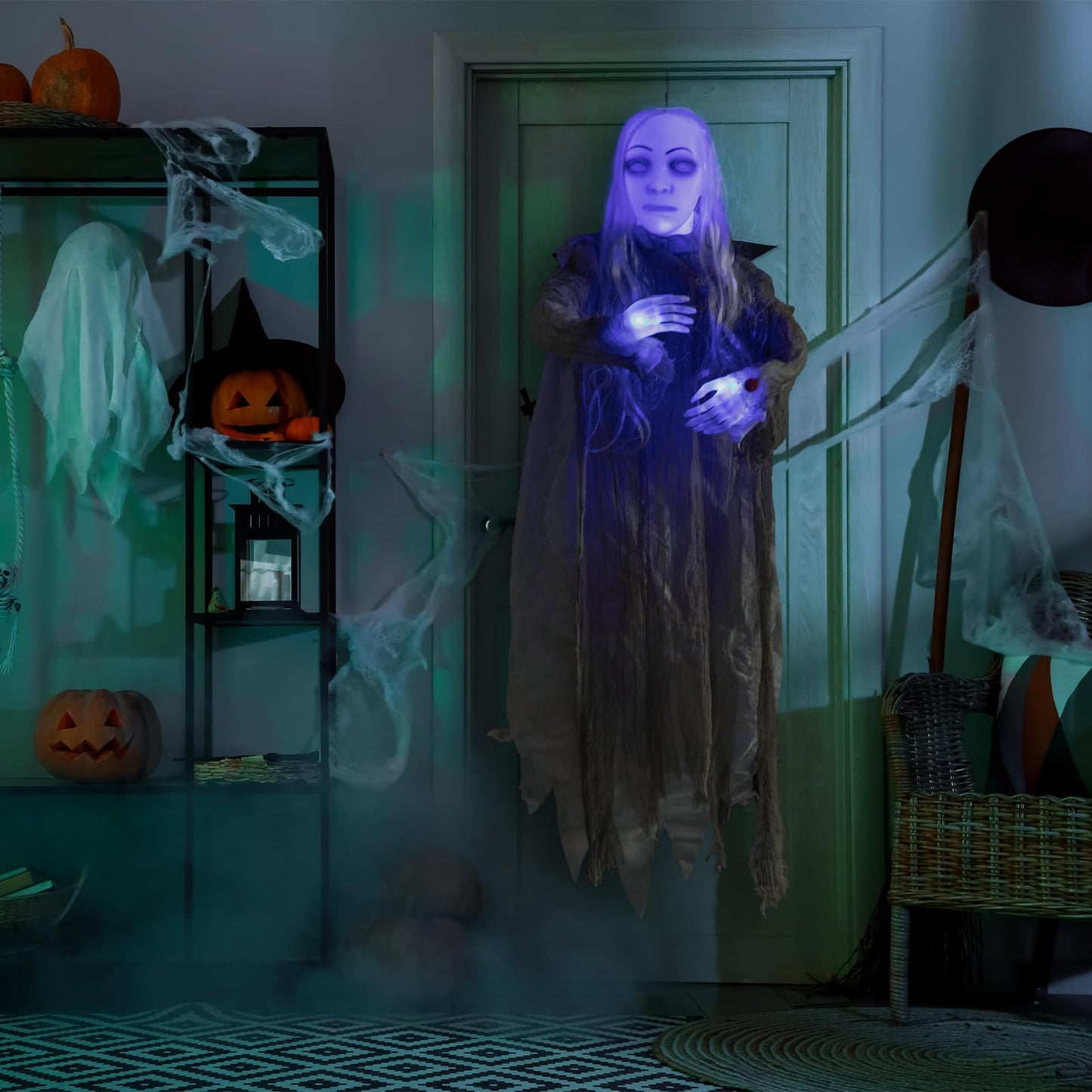 HollyHOME Animated Hanging Ghost with Glowing Head and Creepy Sounds Female Ghost Halloween Decorations Outdoor Haunted House Prop Decor 48 Inch