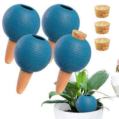 Plant Watering Globes Set of 4, 14oz Terracotta Self-Watering Globes for PottedPlants, Watering Planter Insert Bulbs with Cork Stoppers, Automatic Watering Spikes for Indoor&Outdoor Plants, Blue