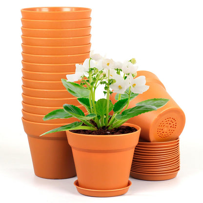 Meowell 6 inch Plastic Nursery Pots, 16 Pack Plant Pots for Indoor Outdoor Plants, Flower Pots with Drainage Holes and Saucers, Decorative Seedling Starter Planters for House Plants, Terracotta