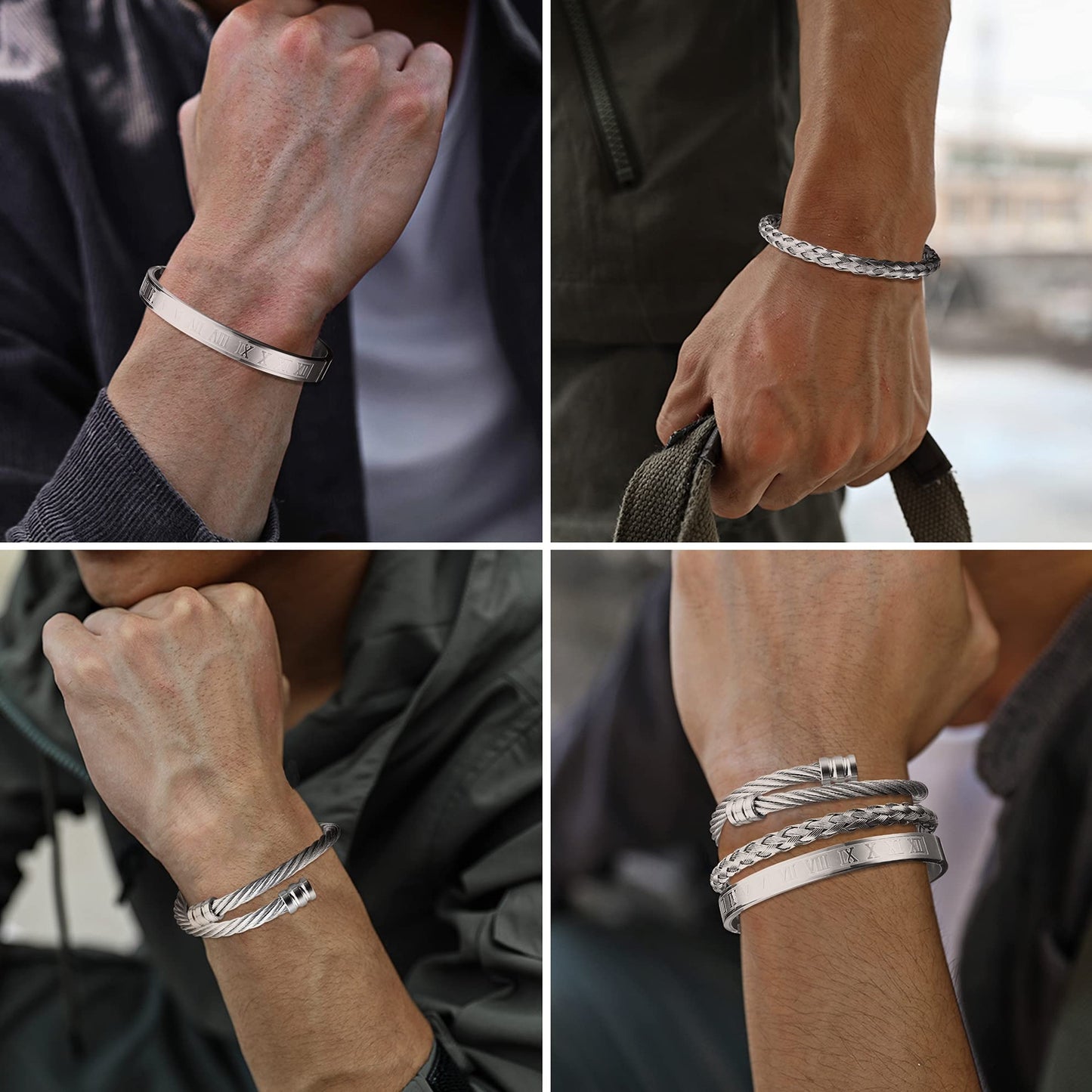 YADOCA 3Pcs Stainless Steel Bracelets for Men Roman Numeral Bangle Bracelet Adjustable Cuff Bracelet Twisted Cable Bracelet Mens Luxury Bracelets Jewelry Gifts Gold/Silver/Black