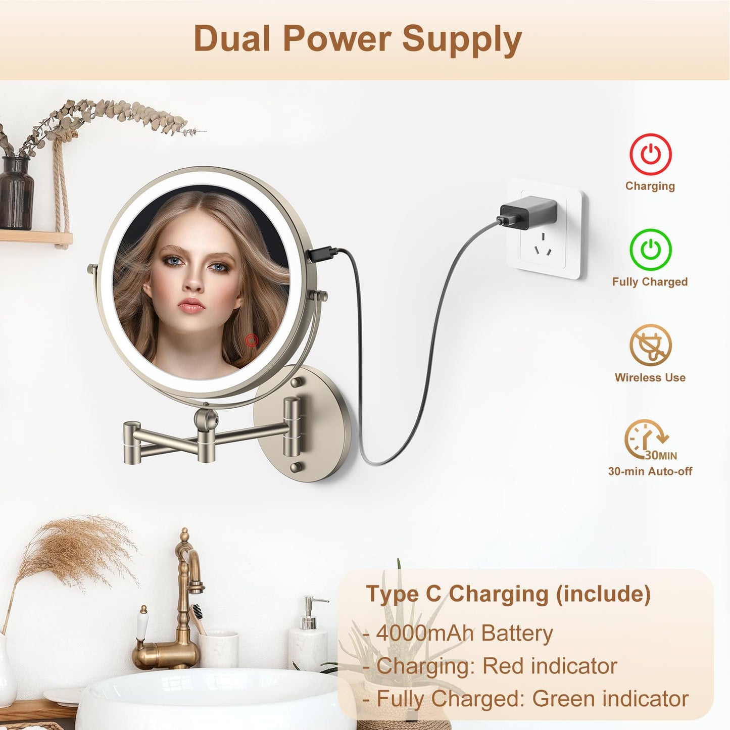 9" Wall Mounted Lighted Makeup Mirror,4000mAh Rechargeable Double Sided 1X/10X Magnifying Mirror with Light,Touch Dimmable,Extended Arm 360 Rotation Wall Mounted Makeup Mirror 3 Color Lights-Black