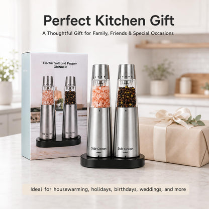 StarOcean Rechargeable Electric Salt and Pepper Grinder Set with USB-C Charging Base, Stainless Steel Automatic Gravity Grinders, 5 Adjustable Coarseness, Kitchen Gift