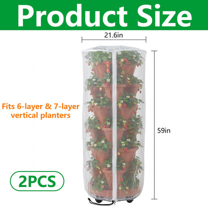 2 Pcs Vertical Plant Pot Insect Netting with Zipper, 59"x22" Stackable Planter Garden Net Cover, 6 to 7 Tier Planter Pot Insect Bird Barrier Protection Mesh for Strawberry Herb Flower Fruit Vegetable