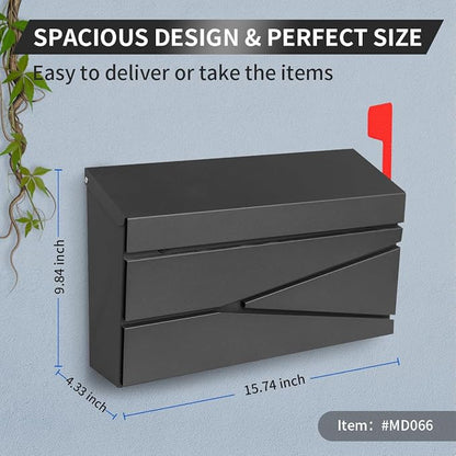 Ydocabinit Wall Mount Mailbox, Large Capacity Mailbox for House, with Flag Kit, Galvanized Steel Rust-Proof Metal Post Drop Box, Mailboxes for Outside, 15.74"×9.84"×4.33", Black Modern Sleek Style