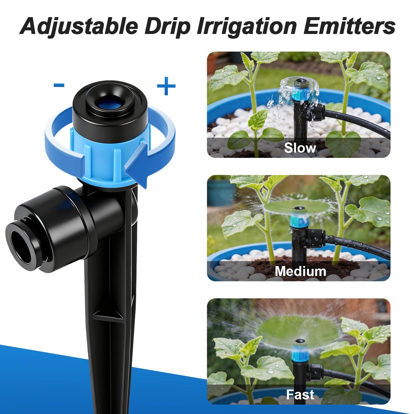 FoxRose 30 Pack Quick Connect 1/4 Inch Drip Irrigation Emitters Fittings, 1/4'' Dripline Push-to-Fit Irrigation Vortex Emitters Adjustable 360 Degree Emitter with Stake for Garden Sprinkler Systems