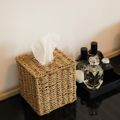 PINXIURY Seagrass Handwoven Wicker Tissue Box Cover, Natural Handmade Napkin Box Holder, Handcrafted Square Facial Tissue Holder for Bathroom, Rustic Decorative on Table and Bathroom,Boho Decorative