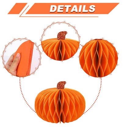 JarThenaAMCS 8Pcs Fall Pumpkin Honeycomb Centerpieces Beige Orange Blue Glitter Paper Honeycomb Ball Ornaments for Autumn Harvest Thanksgiving Party Home Table Decor