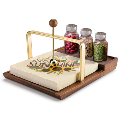 Wooden Napkin Holder with Salt and Pepper Shaker Holder, Two-in-one storage for napkins and seasoning bottles, Malfunction Salt Pepper Storage Holder and Napkin Caddy for Kitchen, Restaurant