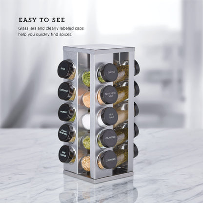 Kamenstein 20 Jar Heritage Revolving Countertop Spice Rack Organizer with Spices Included, FREE Spice Refills for 5 years, Brushed Stainless Steel with Black Caps