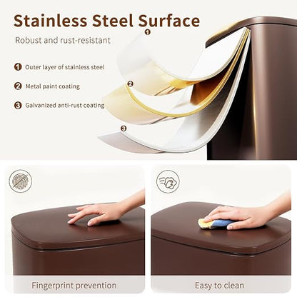 PayLessHere Stainless Steel Trash Can with Lid - Removable Inner Bucket, Foot Pedal Soft Close for Office, Home, Kitchen Garbage Bin (Brown, 13 G)