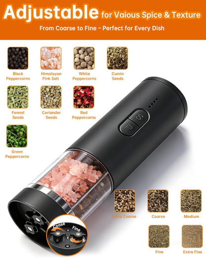 Aotto 2-in-1 Electric Salt and Pepper Grinder Set, USB-C Rechargeable Automatic Mill with LED Light, One-Handed Operation, Adjustable Coarseness