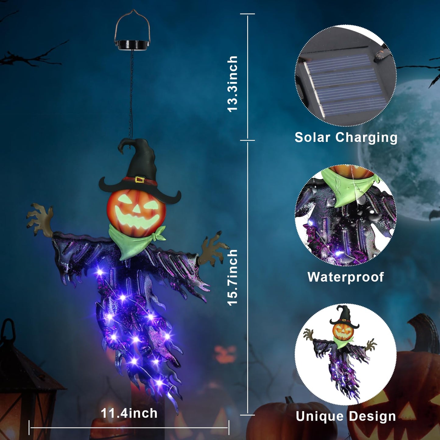 ILLUMINEW Solar Halloween Metal Hanging Decorations Outdoor, Solar Powered Lighted Metal Pumpkin with Glowing Eyes for Halloween Outdoor Tree, Wall, Porch, Patio Decor (Pumpkin-Purple)