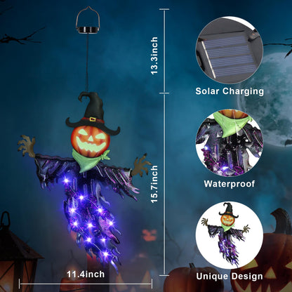 ILLUMINEW Solar Halloween Metal Hanging Decorations Outdoor, Solar Powered Lighted Metal Pumpkin with Glowing Eyes for Halloween Outdoor Tree, Wall, Porch, Patio Decor (Pumpkin-Purple)