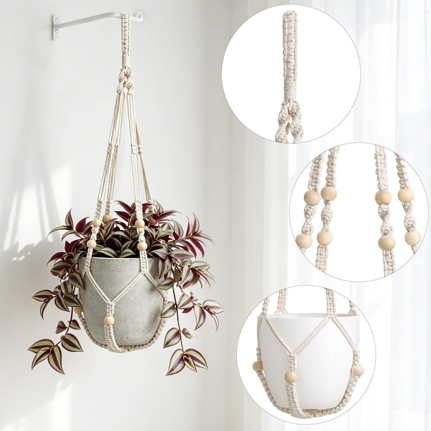 Mkono 2 Pack Macrame Plant Hanger Indoor Hanging Planter Basket with Wood Beads Decorative Flower Pot Holder No Tassels for Indoor Outdoor Boho Home Decor 29 Inch (POTS NOT Included)