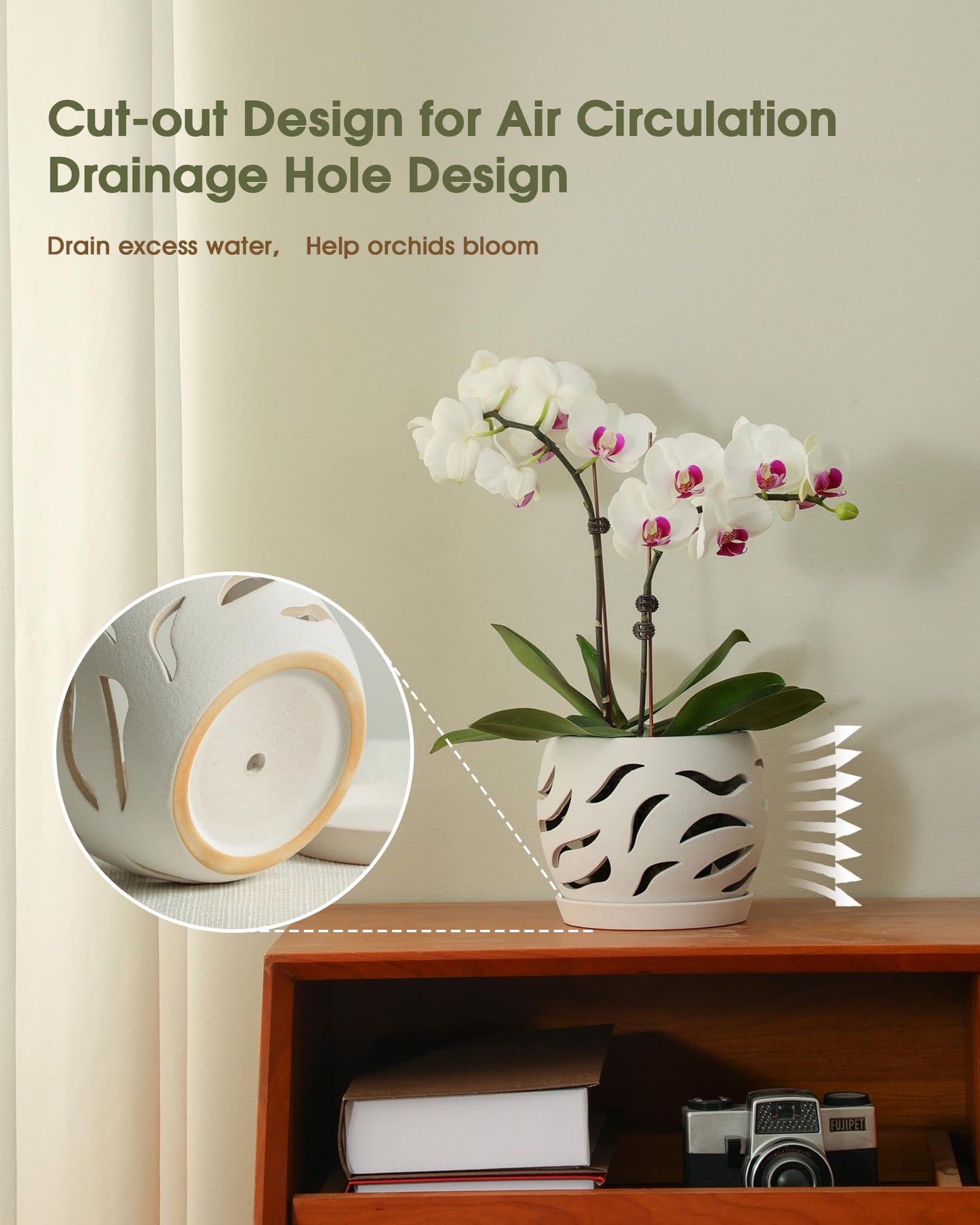 Fayoula Ceramic Orchid Pot with Holes & Saucers, 5.5 inch Plant pots for Indoor and Outdoor use, Wind-Worn Texture Cutout Promoting air Circulation and Drainage(Pots Only)