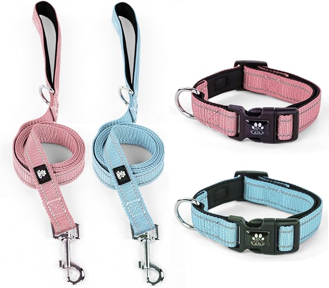 IVY&LANE 2 Pack Reflective Dog Collars and Leashs Set,Adjustable Neoprene Padded Dog Collar for Puppy, Breathable Nylon Pet Collar for Small Medium Large Dogs(Large,Blue+Pink)