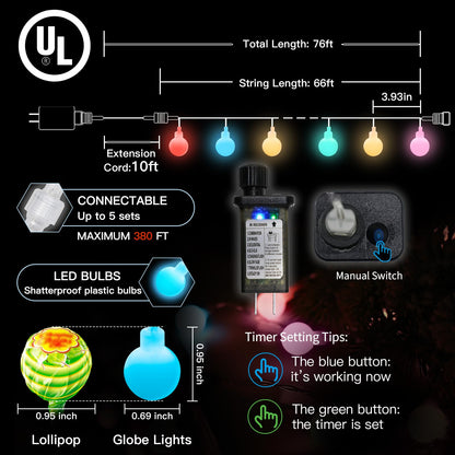suddus 66ft 200 LED Connectable Globe String Lights, Multicolor, Indoor/Outdoor, with Timer, Model SD-200GMC1