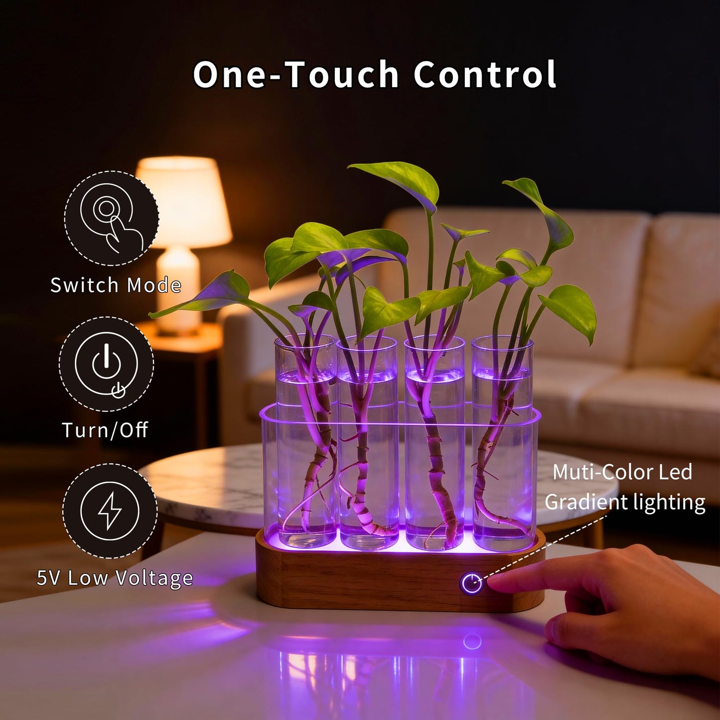 Plant Propagation Station with RGB Lights, Wooden Stand, 4 Glass Test Tubes for Hydroponic Plants, 9 Lighting Modes, Unique Gift for Plant Lovers