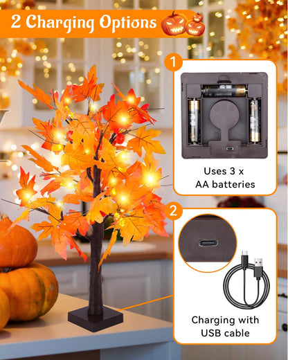 Fall Maple Tree Light 2 Pack, Fall Decorations USB & Battery Operated Light Up Artificial Pumpkins Maple Acorn Tree for Fall Halloween Thanksgiving Table Harvest Home Indoor Decoration