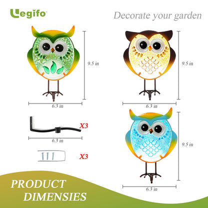 LEGIFO Owl Garden Decor for Outside, Stand & Tree Hugger Outdoor Owls Stakes Yard Art Set of 3, Funny Metal & Glass Stake Gifts for Grandma Mom Women