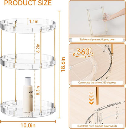 Yieach Acrylic 360 Rotating Makeup Organizer and Perfume Organizer,3 Tier Make Up Holder and Acrylic Skincare Organizers for Countertop,Vanity,Bathroom,Clear Spinning Beauty Organizer for Face Product