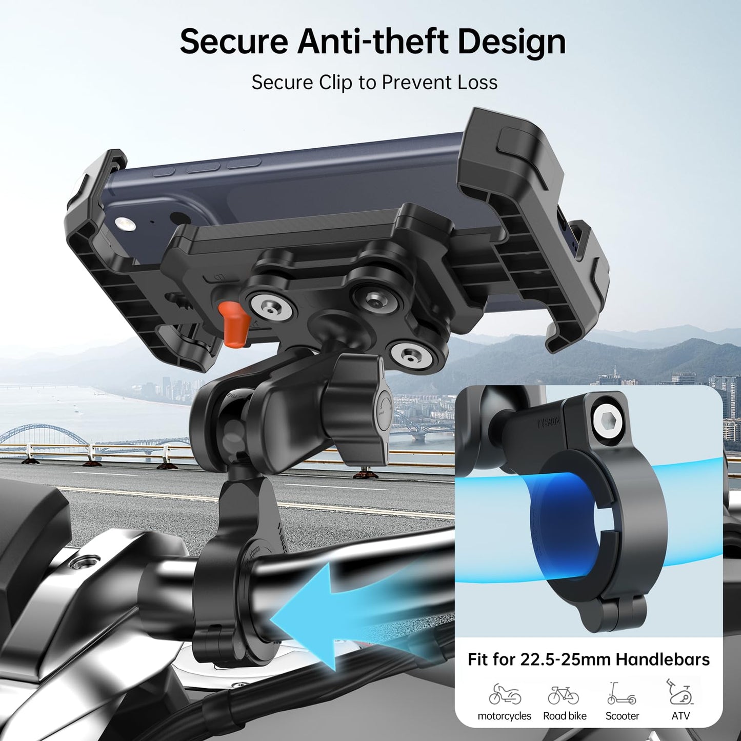 SEAJIC Motorcycle Phone Mount with Vibration Dampener & Security Lock, 720° Adjustable Bike Phone Holder Handlebar, Anti-Theft Motorcycle Phone Holder for iPhone 17/16/15/14/13 Series, 4.5-6.8" Phones
