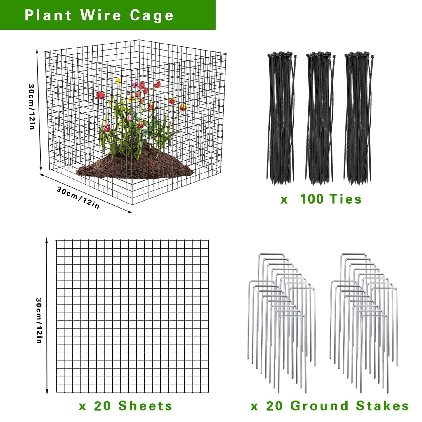 20 Pcs Plant Protector from Animals, 5 Pack 12'' x 12'' Reusable Metal Square Plant Cages, Wire Mesh Garden Cloches to Keep Rabbits, Squirrels and Chicken Out and Protection Vegetables Flowers Shrubs