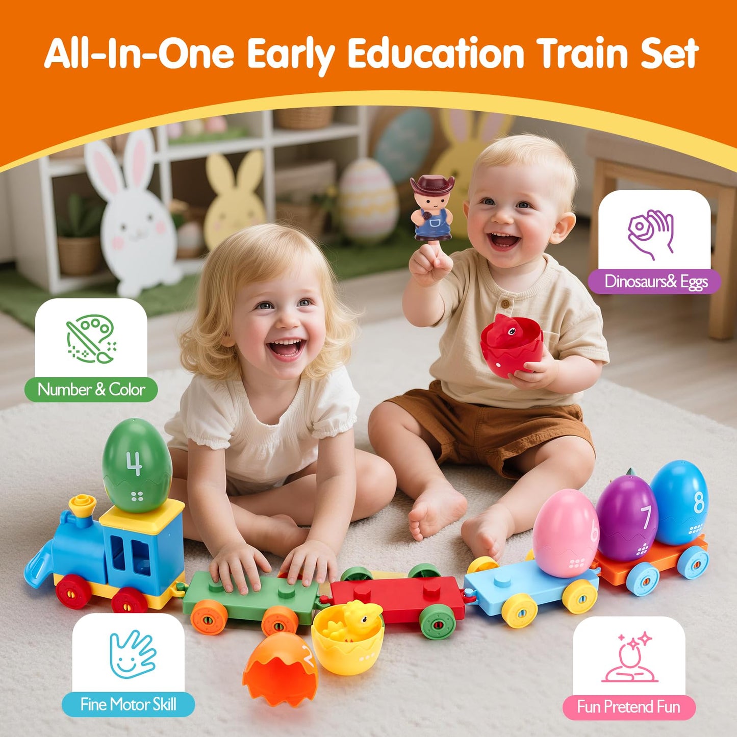 hahaland Toddler Learning Toys for 2 3 Year Old – Montessori Counting Matching Train Set with 8 Dinosaurs & Sorting Easter Eggs, Dino Stickers Toddler Toys for Kids 1-3 Years Easter Basket Stuffers