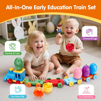 hahaland Toddler Learning Toys for 2 3 Year Old – Montessori Counting Matching Train Set with 8 Dinosaurs & Sorting Easter Eggs, Dino Stickers Toddler Toys for Kids 1-3 Years Easter Basket Stuffers