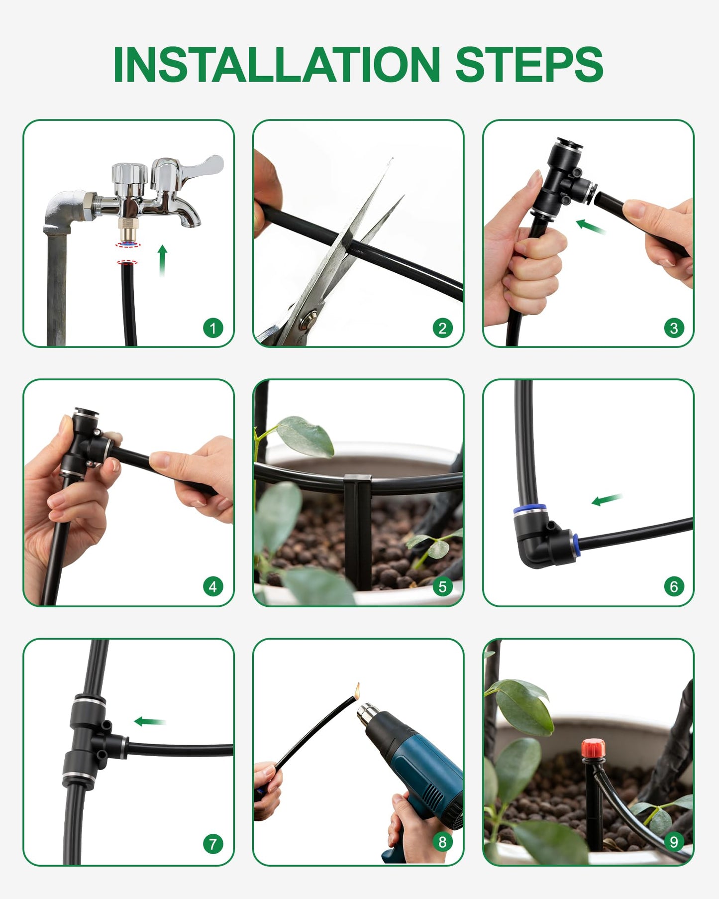 IRRIGARDENER Drip Irrigation System for Garden, Automatic Garden Watering System with 180FT 1/2” & 1/3” Tubing, Dual Faucet, Adjustable Nozzle Emitters for Garden, Greenhouse, Lawn, Potted Plants