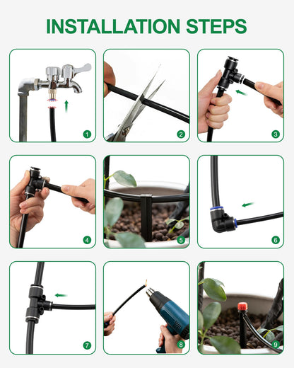 IRRIGARDENER Drip Irrigation System for Garden, Automatic Garden Watering System with 180FT 1/2” & 1/3” Tubing, Dual Faucet, Adjustable Nozzle Emitters for Garden, Greenhouse, Lawn, Potted Plants