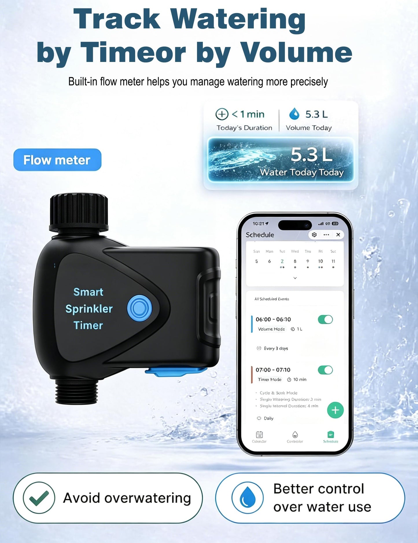 WiFi Water Timer for Garden Hose, No Hub Required, Sprinkler Controller with Built-in Flow Meter, App & Alexa Google Voice Control, IP65 Waterproof Wireless Irrigation for Lawn Greenhouse