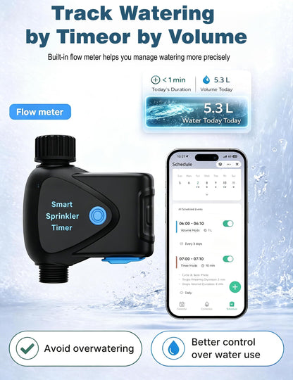 WiFi Water Timer for Garden Hose, No Hub Required, Sprinkler Controller with Built-in Flow Meter, App & Alexa Google Voice Control, IP65 Waterproof Wireless Irrigation for Lawn Greenhouse